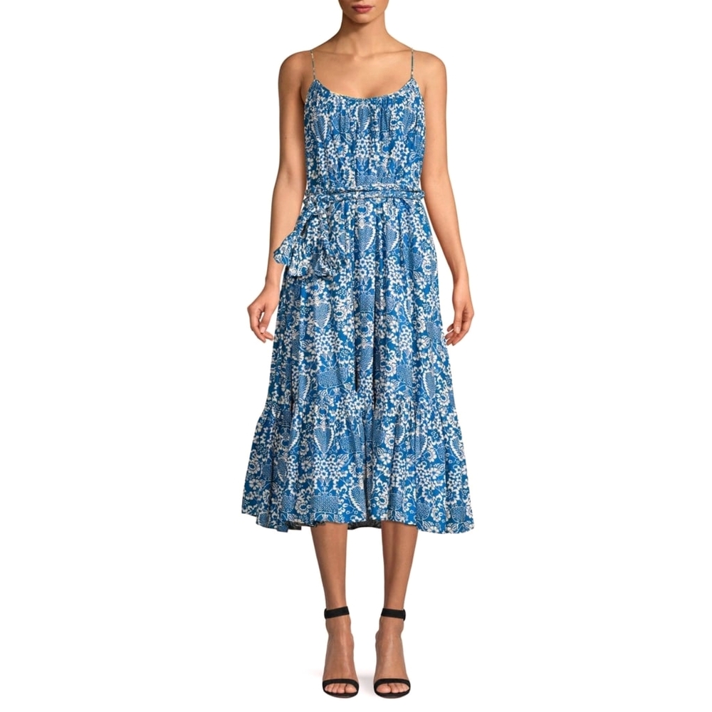 Cheerful RHODE Lea Belted Floral Cotton Blue Dress Pre-owned Size M